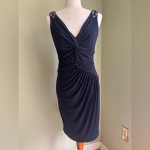 David Meister navy cocktail dress w/jeweled shoulders and draped front. Size 4